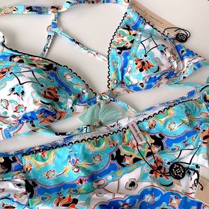 Turquoise light teal pattern Nanette Lepore bikini tassel racer 4 top 10 bottom